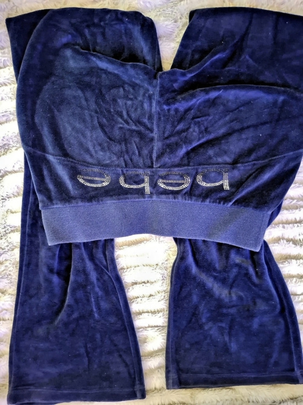 RARE bebe OMBRE Rhinestone Logo Velour Track Flare Pants Blue - XS